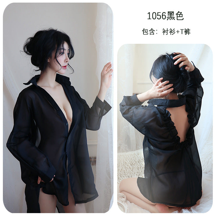 【A-1056】性感內衣情趣內衣性感露背男友襯衫透視誘惑女睡衣雪紡襯衫大碼女睡裙