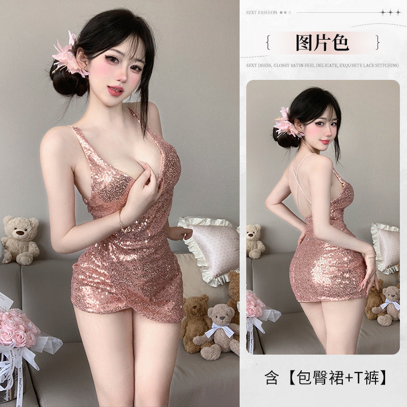 BT8431-情趣內衣性感深V火辣制服誘惑純欲免脫亮片網紅夜店風吊帶裙女睡衣睡裙