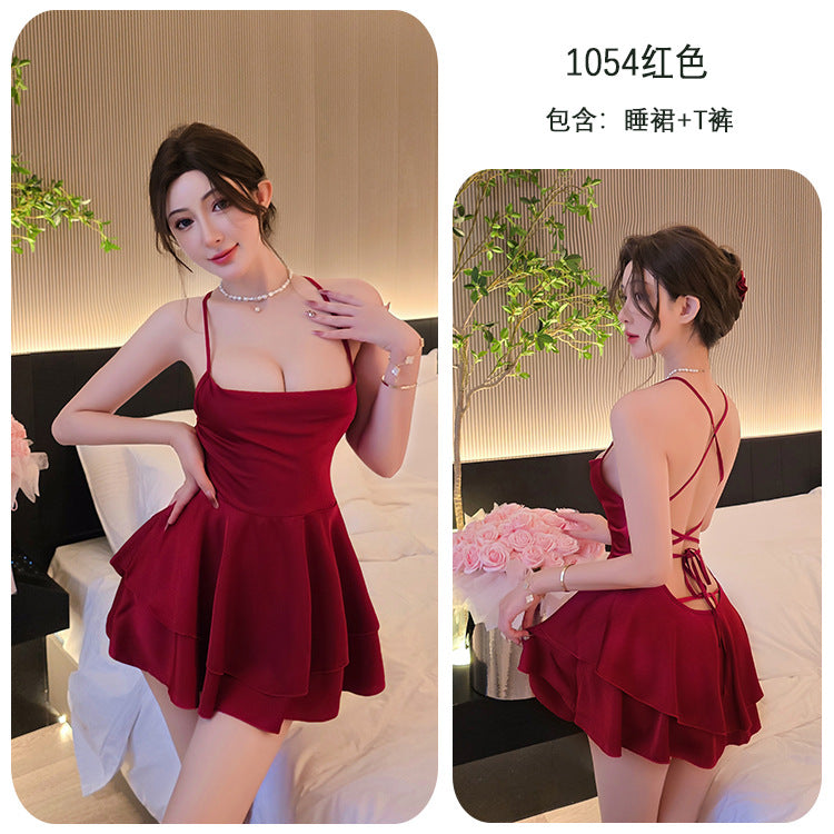 【A-1054】情趣內衣性感純欲風吊帶睡裙女系帶制服誘惑睡衣套裝睡裙