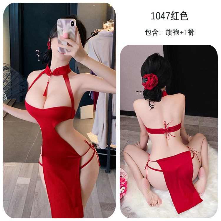 【A-1047】情趣內衣性感睡衣純欲風高開叉綁帶旗袍誘惑女睡衣睡裙