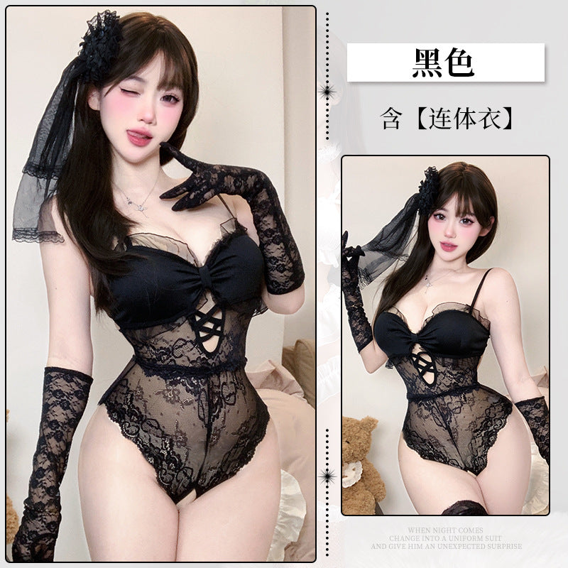 BS8585-性感情趣內衣純欲吊帶蕾絲透視情趣制服誘惑免脫連體衣女睡衣睡裙
