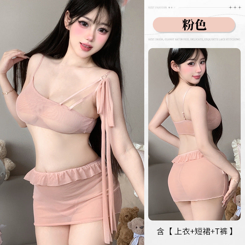 BS8433-性感情趣內衣透視分體短裙純欲斜肩小蠻腰裙激情誘惑免脫睡裙女睡衣睡裙