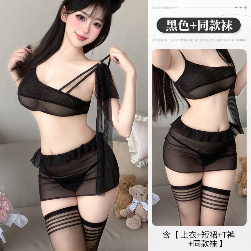 BS8433-性感情趣內衣透視分體短裙純欲斜肩小蠻腰裙激情誘惑免脫睡裙女睡衣睡裙