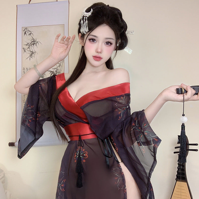 BT2131-性感日系情趣內衣和服制服純欲睡衣印花睡衣黑色套裝女睡衣睡裙