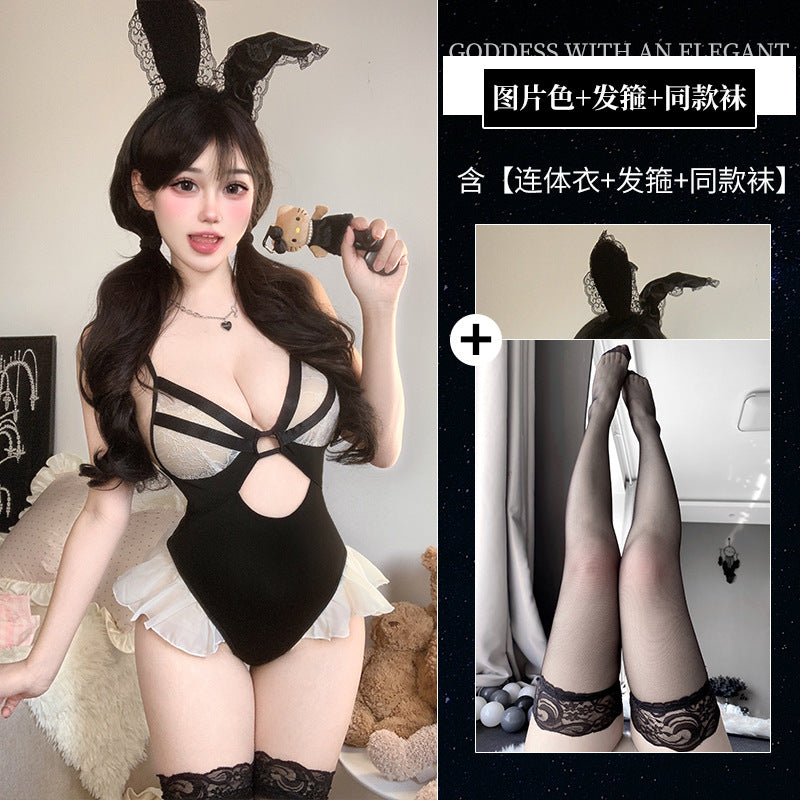 BT2950-萌兔開襠連體衣免脫套裝情趣內衣可愛花邊性感露胸裸臀女郎女睡衣睡裙