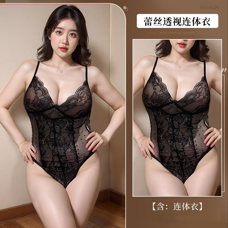 BS1391-2性感情趣內衣大碼純欲蕾絲開襠連體胖mm連體透視誘惑免脫套裝女睡衣睡裙