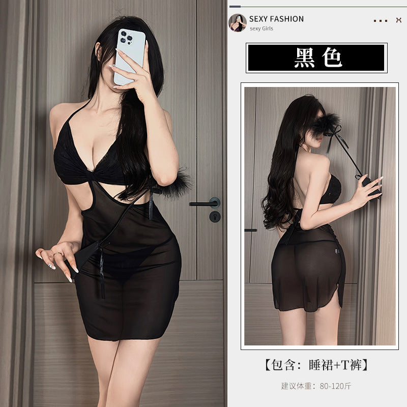 BS8579性感情趣內衣純欲鏤空包臀裙綁帶掛脖法式連衣裙女套裝女睡衣睡裙