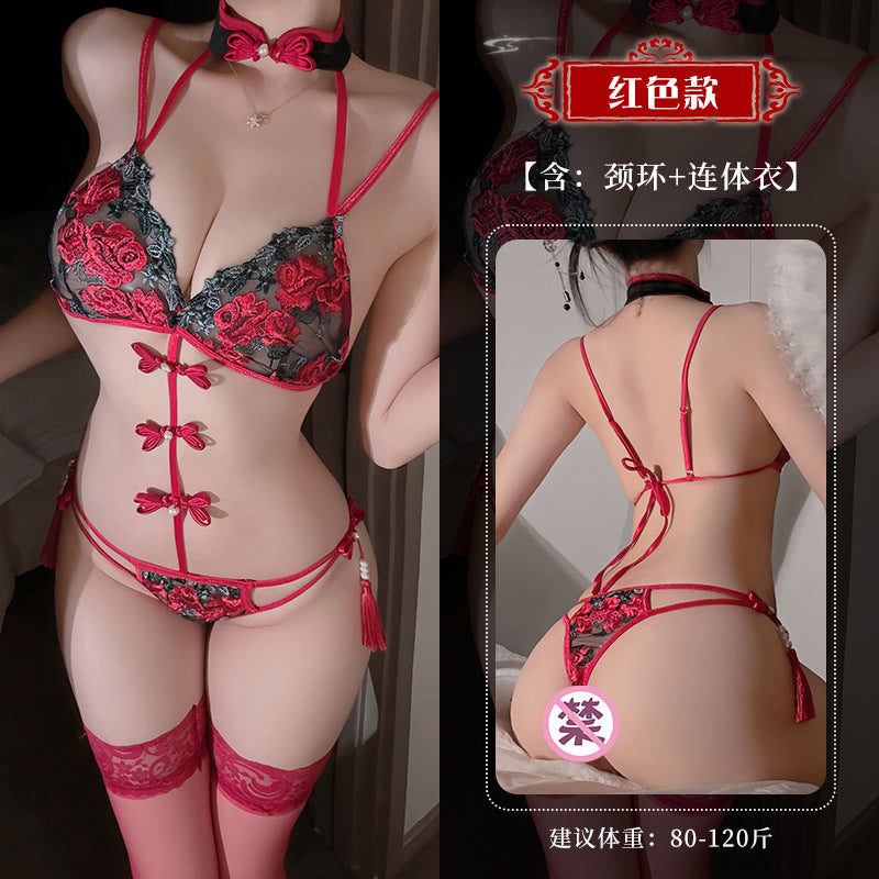 BT2911-性感情趣內衣古風刺繡旗袍挑逗約會戰袍制服誘惑睡衣套裝女睡衣睡裙
