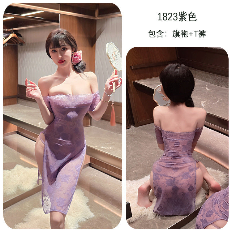 【A-1823】性感情趣內衣蕾絲紫色連衣裙純欲睡衣y旗袍套裝女睡衣睡裙