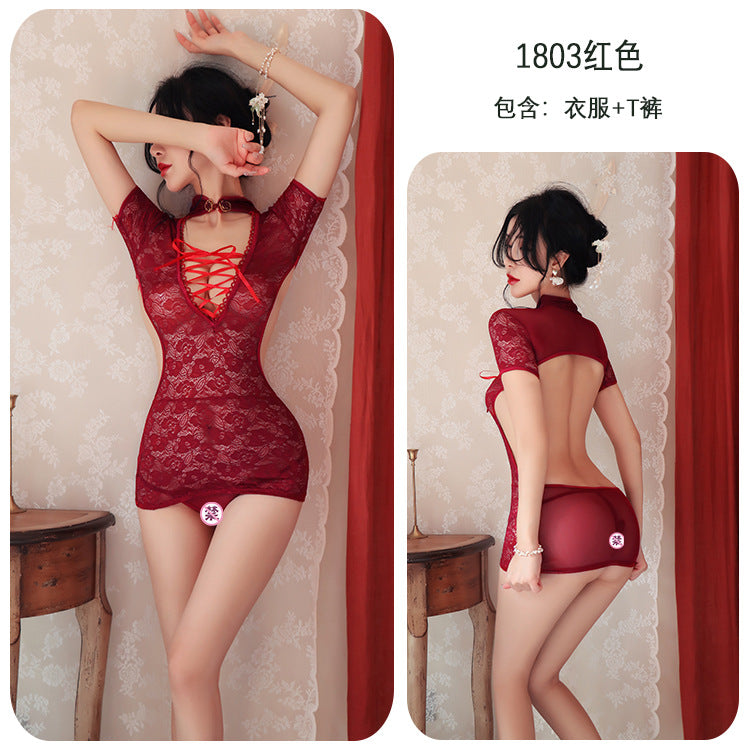 【A-1803】性感內衣情趣內衣女蕾絲誘惑角色扮演旗袍性感露乳綁帶鏤空制服誘惑女睡衣