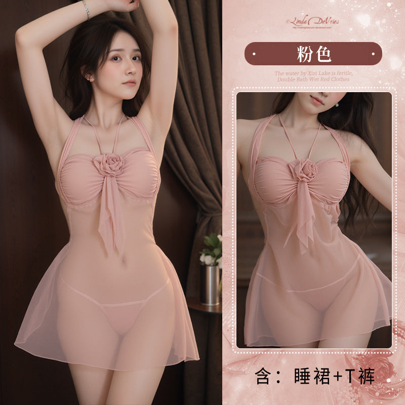 BS6609-玫瑰仙女吊帶連衣裙透視掛脖性感女情趣內衣女免脫套裝女睡衣睡裙