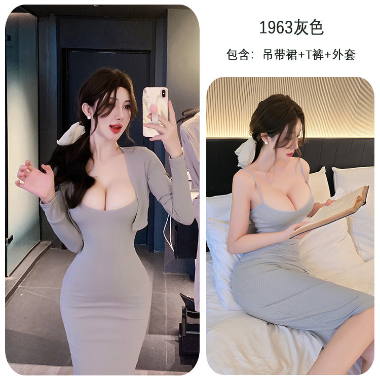 【A-1963】情趣內衣溫柔人妻露溝家居包臀裙性感純欲誘惑連衣裙女睡衣睡裙