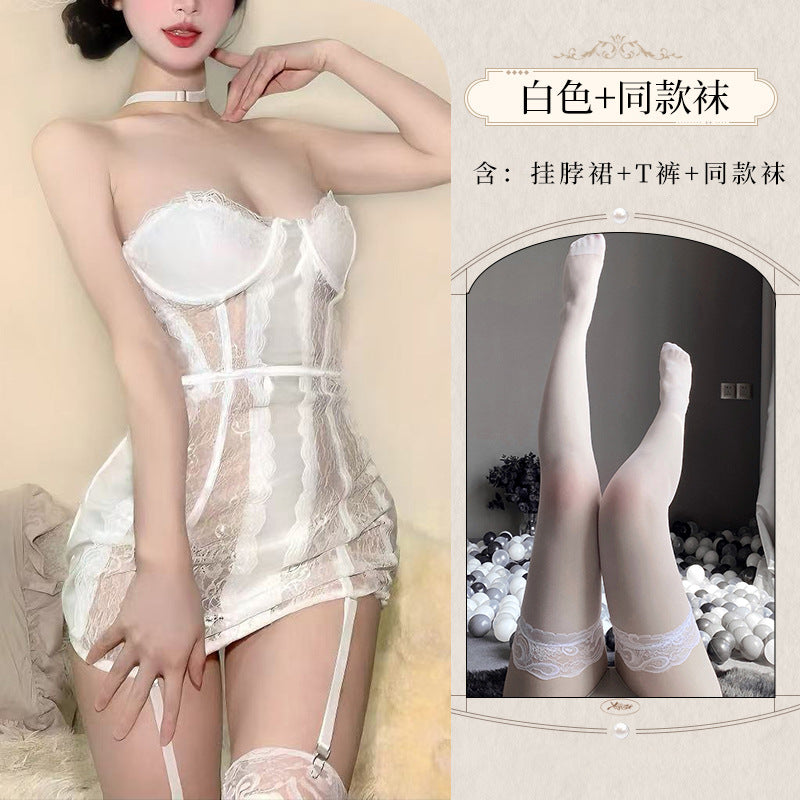 BS8118-情趣內衣性感內衣純欲誘惑性感蕾絲拼接紫色連體衣免脫套裝女睡衣睡裙