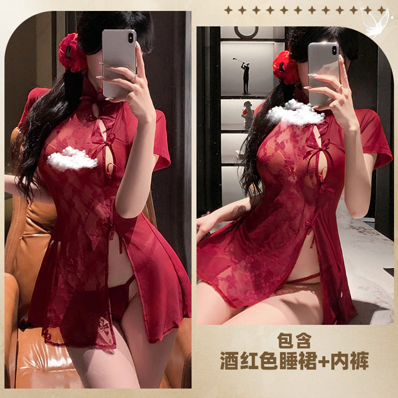 CT535-情趣內衣新中式旗袍高開叉露背透視裙純欲誘惑胖MM一件代發批發