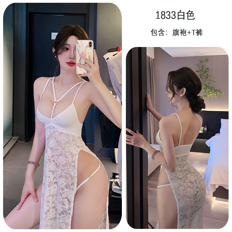 【A-1833】情趣內衣性感網紅蕾絲透明開叉睡裙夜店誘惑制服套裝女睡衣睡裙
