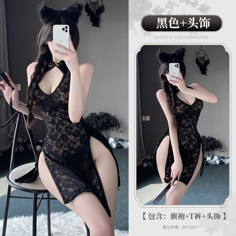 BT8217-性感內衣小胸蕾絲鏤空開衩旗袍情趣內衣女古風女睡衣套裝睡裙