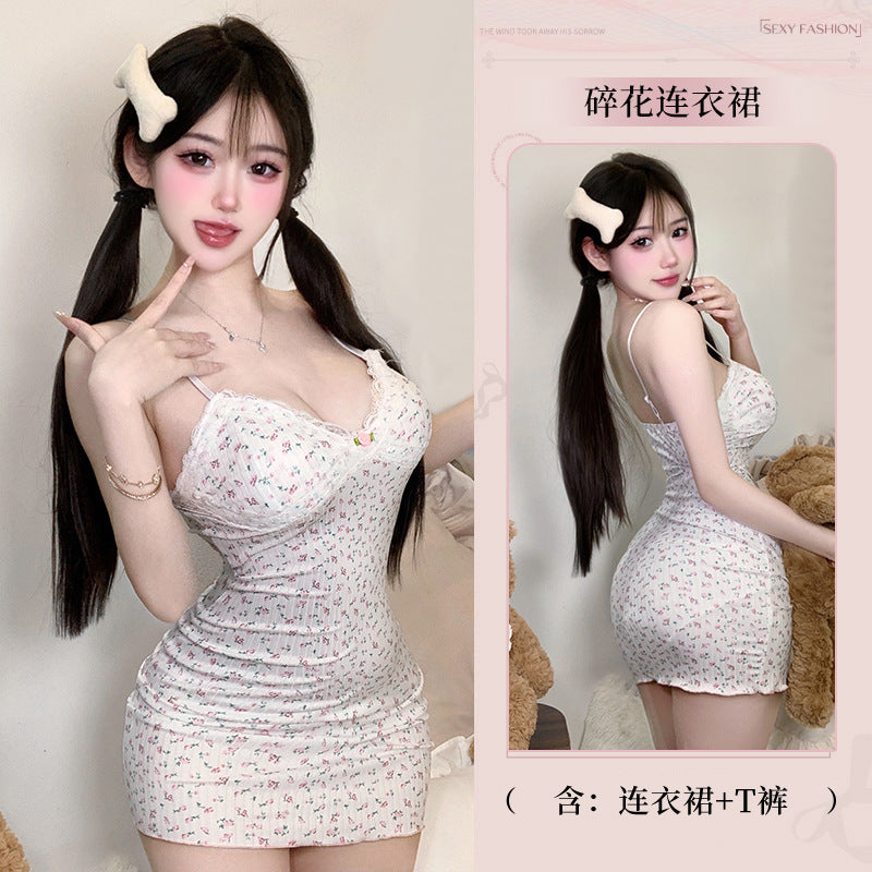 BS8587-性感情趣內衣純欲風小碎花蕾絲邊吊帶裙性感露背免脫連衣裙女睡衣睡裙