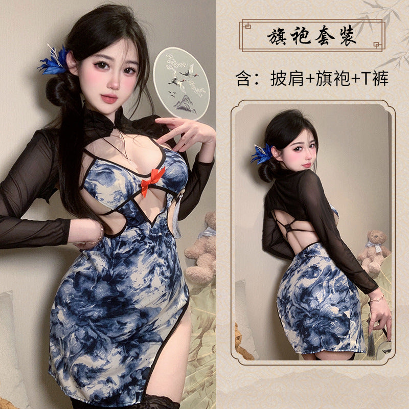 BT2904-性感情趣內衣純欲小胸裸背露溝透紗誘惑復古旗袍制服免脫套裝女睡衣睡裙