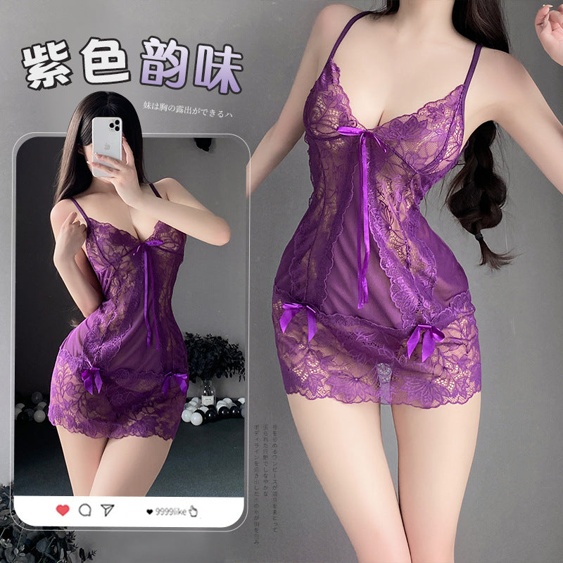BS8225-性感內衣情趣內衣性感純欲睡衣情絲透視紫色吊帶睡裙免脫誘惑套裝