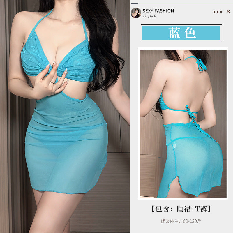 BS8579性感情趣內衣純欲鏤空包臀裙綁帶掛脖法式連衣裙女套裝女睡衣睡裙