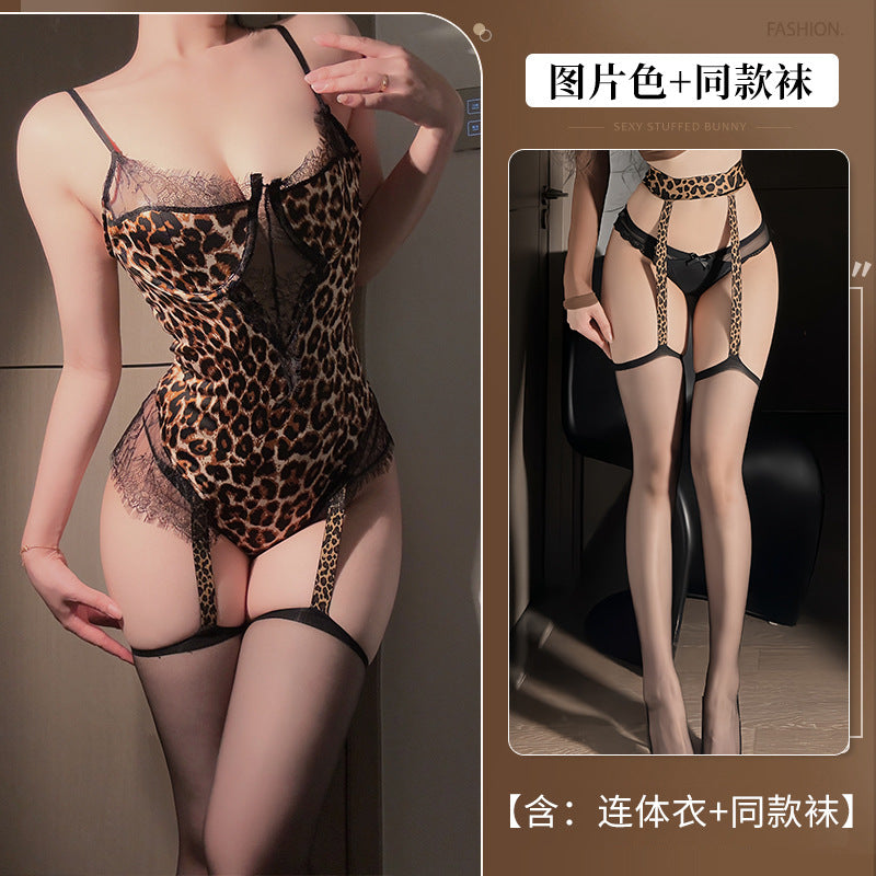 BS8621-性感情趣內衣激情火辣豹紋性感蕾絲純欲連體衣免脫激情女睡衣睡裙
