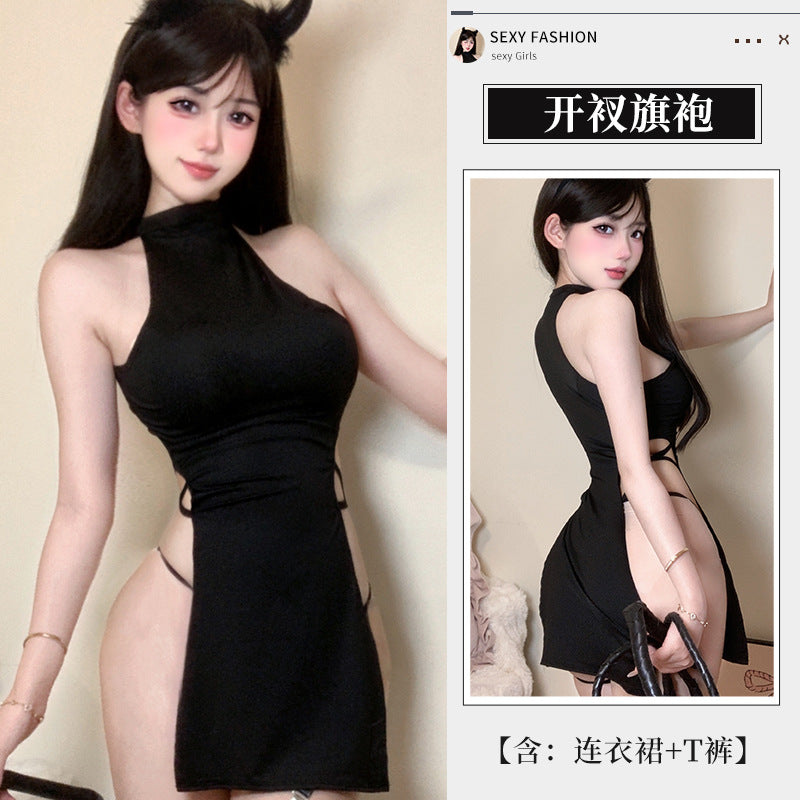 BT2966-性感高開衩美裙情趣內衣無袖鏤空純欲高開衩旗袍驚豔睡裙睡衣