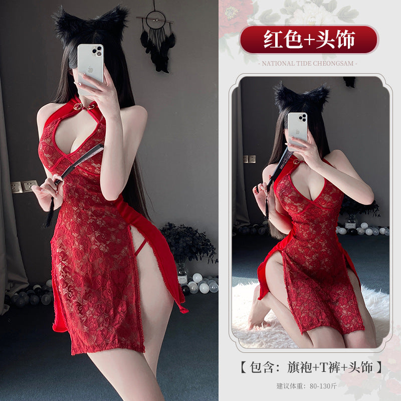 BT8217-性感內衣小胸蕾絲鏤空開衩旗袍情趣內衣女古風女睡衣套裝睡裙