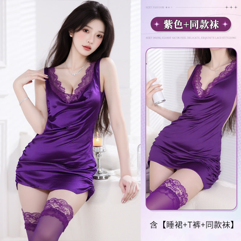 BS8365-性感情趣內衣惹火蕾絲包臀裙紫色制服純欲誘惑睡衣免脫套裝女睡衣睡裙