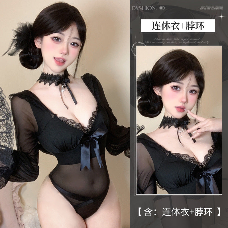 BS2874-純欲蕾絲點綴薄紗連體衣套裝情趣內衣性感露胸透視誘惑女睡衣睡裙