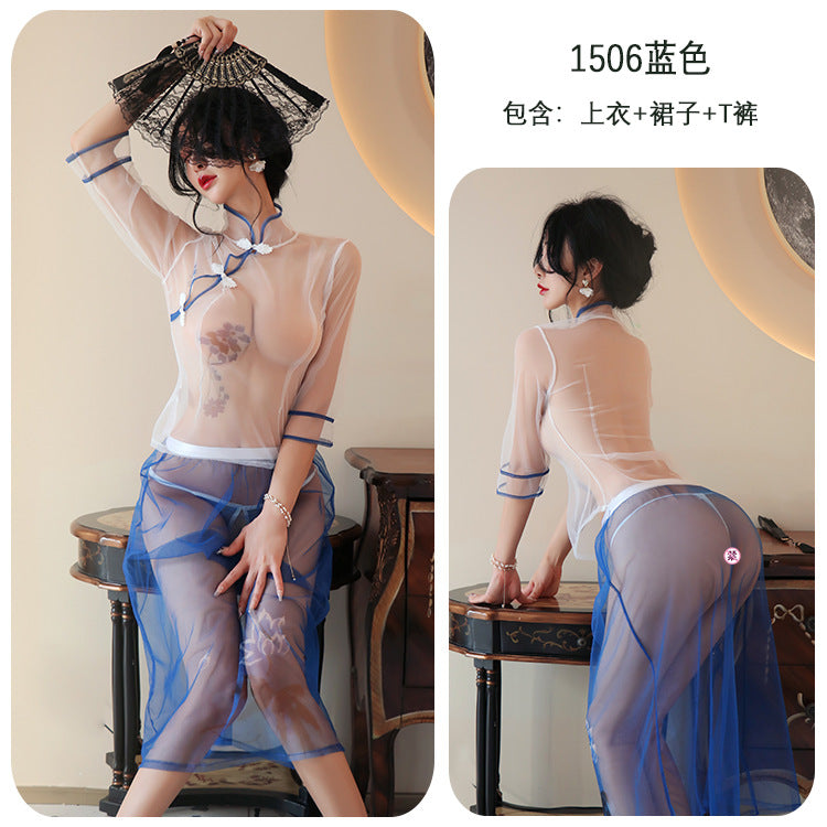 【A-1506】性感內衣情趣內衣性感誘惑網紗透視印花民國長裙漢服套裝睡衣睡裙