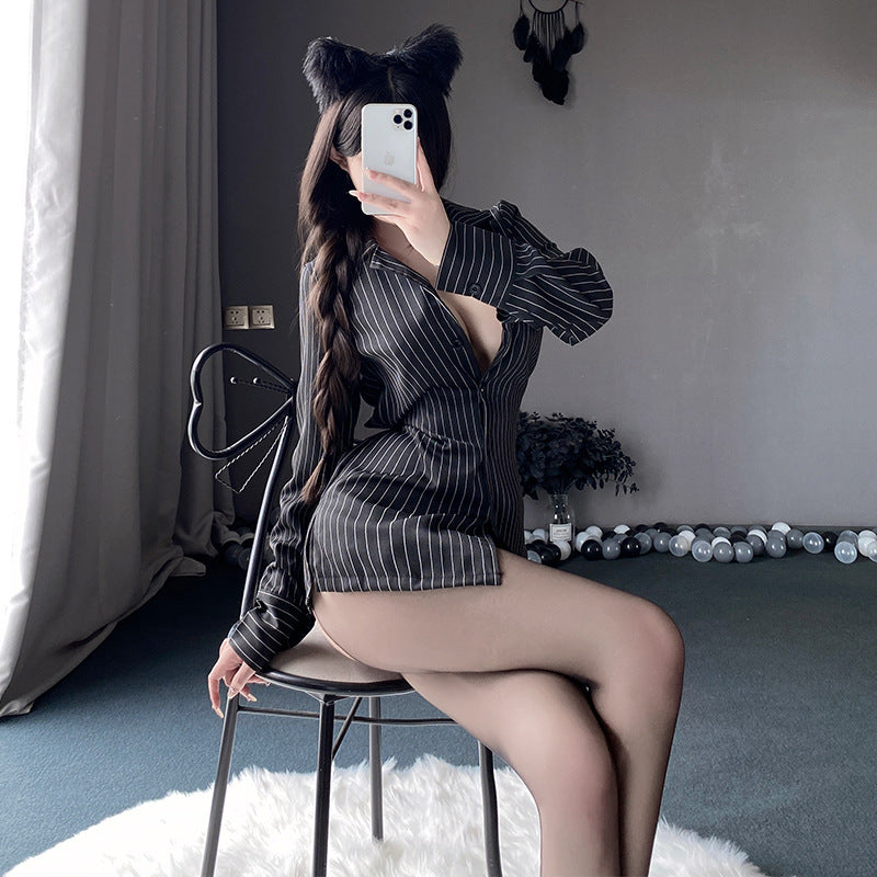 BT8229-性感內衣角色扮演秘書情趣內衣職業條紋襯衫女長款黑色純欲OL免脫套裝女睡衣睡裙