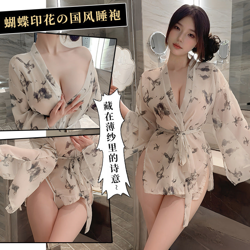 BS8593-性感情趣內衣性感蝴蝶印花透視系帶深V開襟和服睡袍免脫套裝女睡衣睡裙