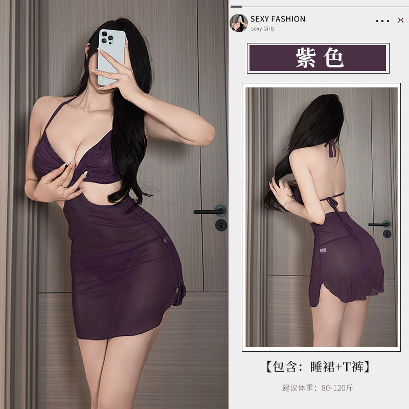 BS8579性感情趣內衣純欲鏤空包臀裙綁帶掛脖法式連衣裙女套裝女睡衣睡裙