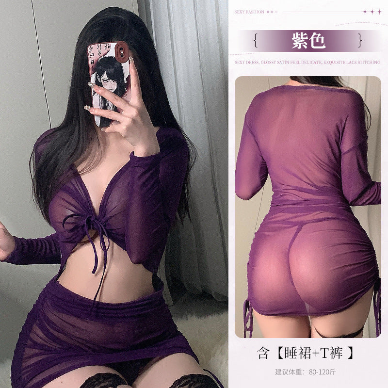 BS8608-性感內衣情趣內衣性感紫色網紗透視免脫包臀裙套裝女睡裙睡衣