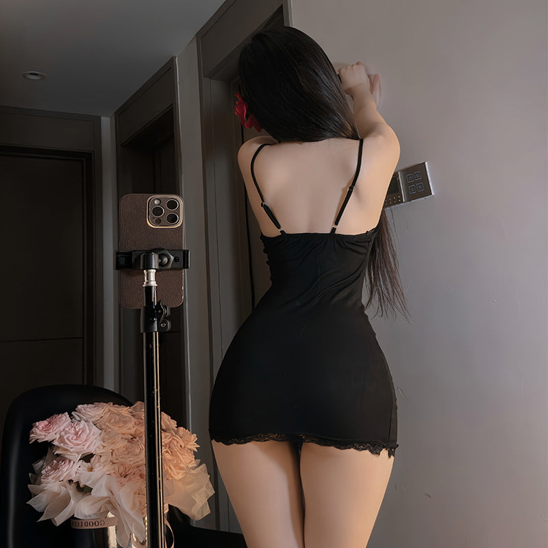 BS2106-性感內衣純欲辣妹蕾絲花邊女睡裙情趣內衣性感深v露胸包臀制服睡衣套裝睡裙