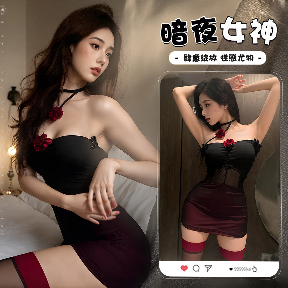 BT8586-夜店純欲風性感情趣內衣氣質包臀顯瘦花朵掛脖網紗連衣裙女睡衣睡裙