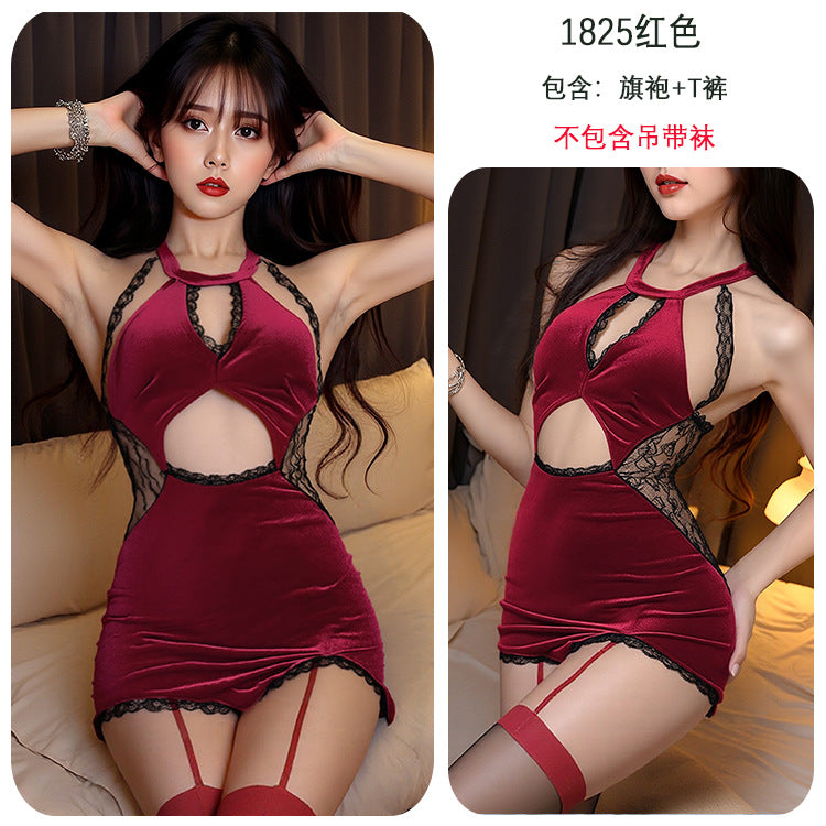 【A-1825】性感情趣內衣性感蕾絲拼接絲絨旗袍制服誘惑火辣透視女睡衣睡裙
