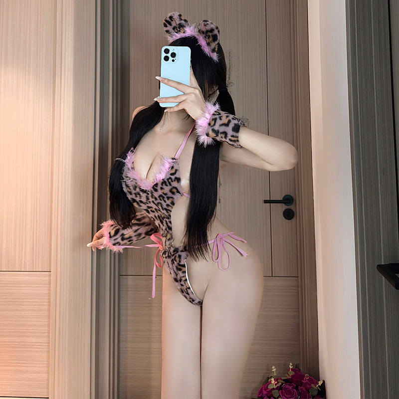 BT8241-性感內衣可愛毛絨小野豹粉色豹紋連體套裝情趣內衣女角色扮演激情女睡衣睡裙