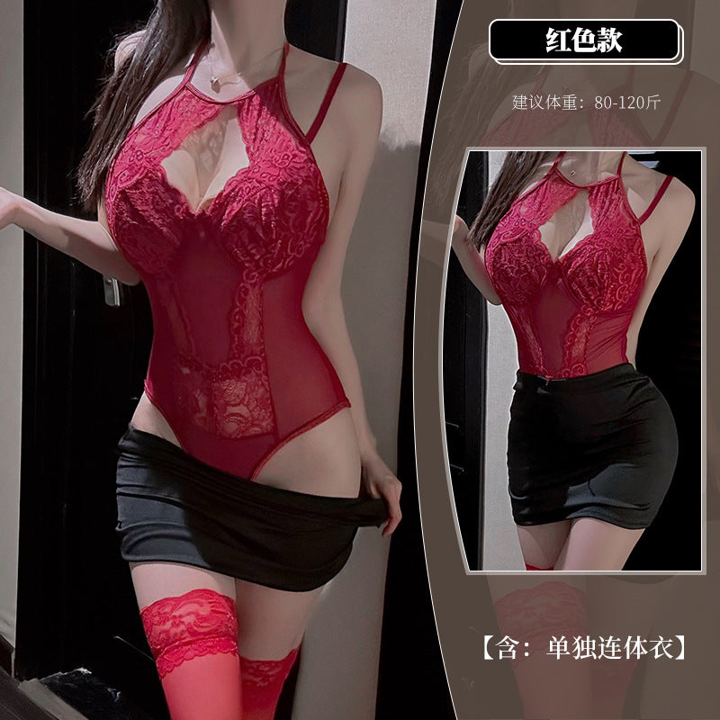 BS8110-性感內衣情趣內衣女掛脖吊帶連體衣縷空純欲蕾絲拼接修身女睡衣睡裙