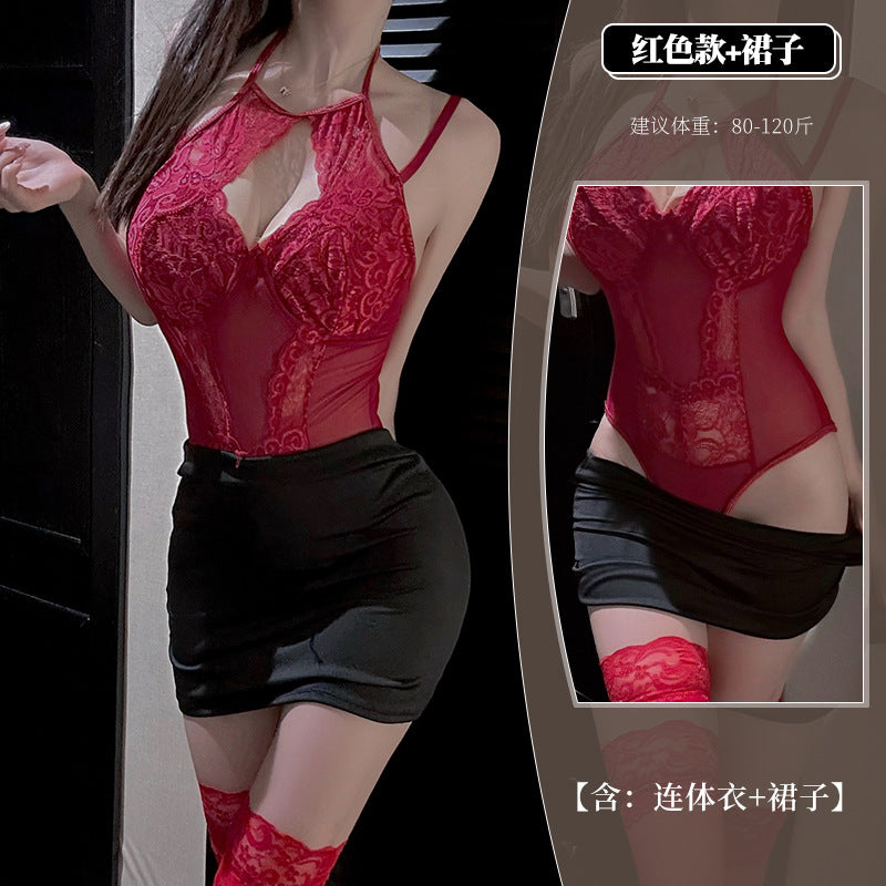 BS8110-性感內衣情趣內衣女掛脖吊帶連體衣縷空純欲蕾絲拼接修身女睡衣睡裙