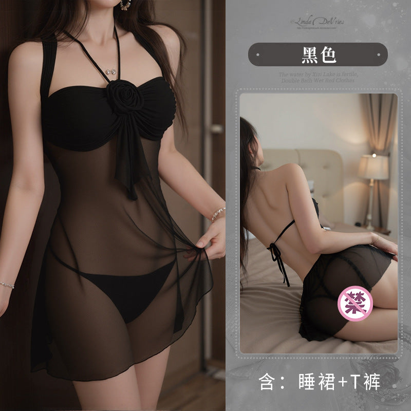 BS6609-玫瑰仙女吊帶連衣裙透視掛脖性感女情趣內衣女免脫套裝女睡衣睡裙