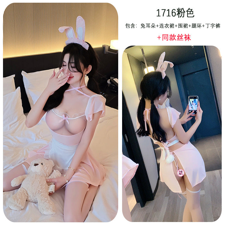 【A-1716】情趣內衣性感蕾絲木耳邊花邊透視吊帶兔女郎制服套裝