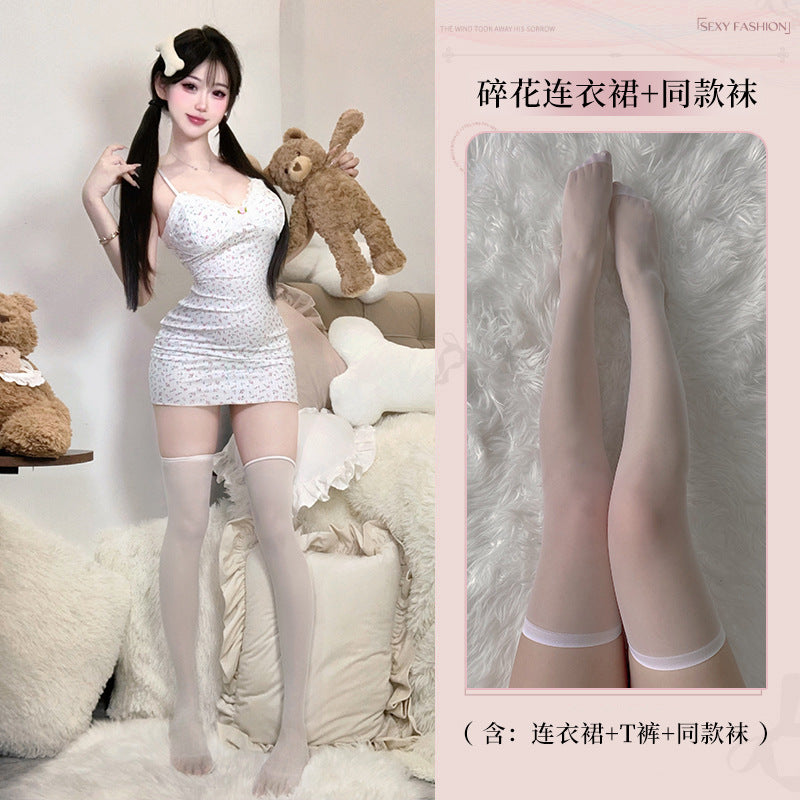 BS8587-性感情趣內衣純欲風小碎花蕾絲邊吊帶裙性感露背免脫連衣裙女睡衣睡裙
