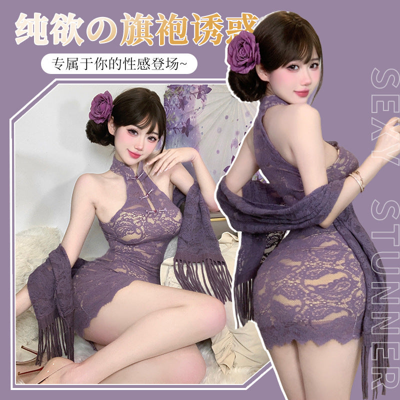 BS8250-性感欲風掛脖盤扣蕾絲免脫包臀裙蘇披肩上衣兩件套女睡衣睡裙