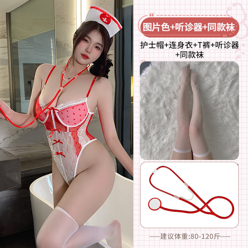 BT8351-性感內衣情趣內衣純欲護士制服蝴蝶束身性感套裝法式浪漫蕾絲連體衣女睡衣