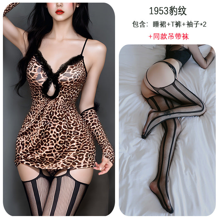 【A-1953】性感情趣內衣性感純欲蕾絲豹紋包臀吊帶裙豹女郎睡裙睡衣夜店