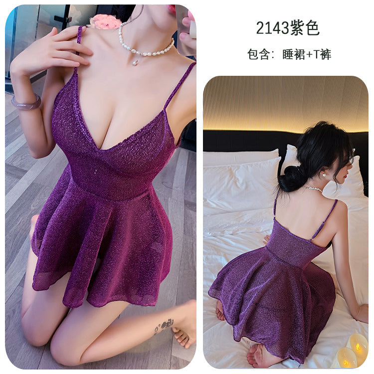 【A-2143】情趣內衣女夜店閃亮制服吊帶連衣裙誘惑免脫睡衣套裝女睡衣睡裙