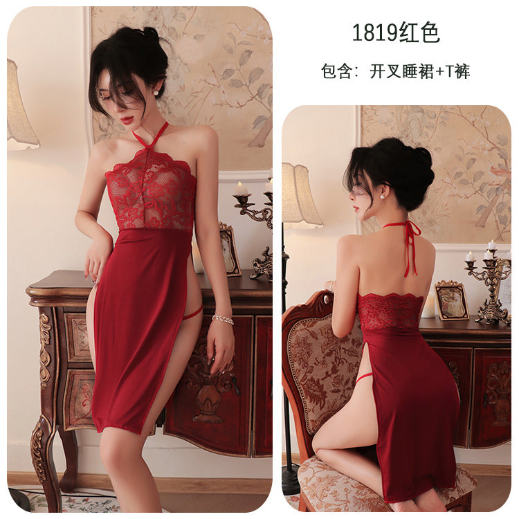 【A-1819】性感內衣情趣內衣性感睡裙蕾絲誘惑高開叉火辣長裙床上女睡衣睡裙