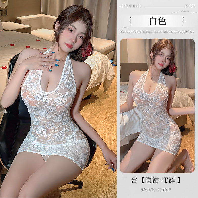 BS8554-性感內衣情趣內衣純欲夜店蕾絲透視誘惑掛脖露胸緊身包臀連衣裙女睡衣睡裙