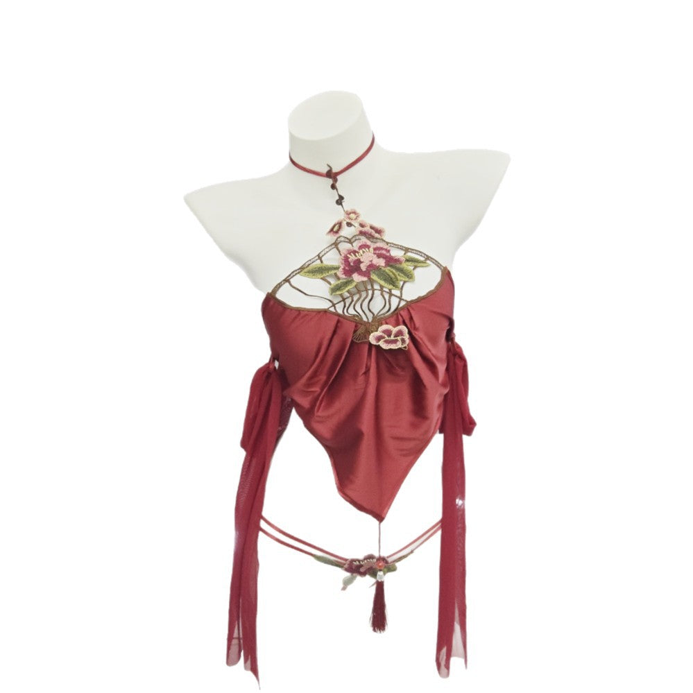 【A-2402】性感內衣情趣古風牡丹刺繡掛脖肚兜系帶鏤空制服套裝女睡衣睡裙